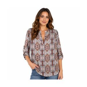 Pink Republic Womens Small Paisley Medallion Roll‎ Tab Sleeve V-Neck Blouse Top